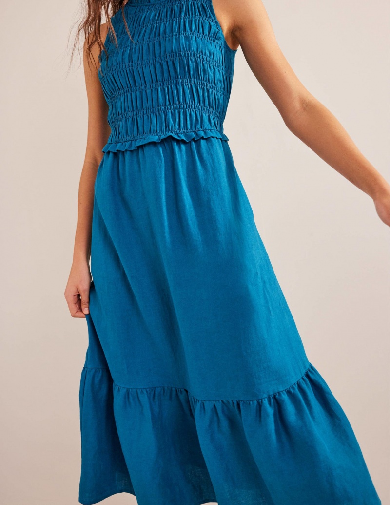 Boden Smocked Linen Midi Kleid Damen Türkis | UCDQI-3892