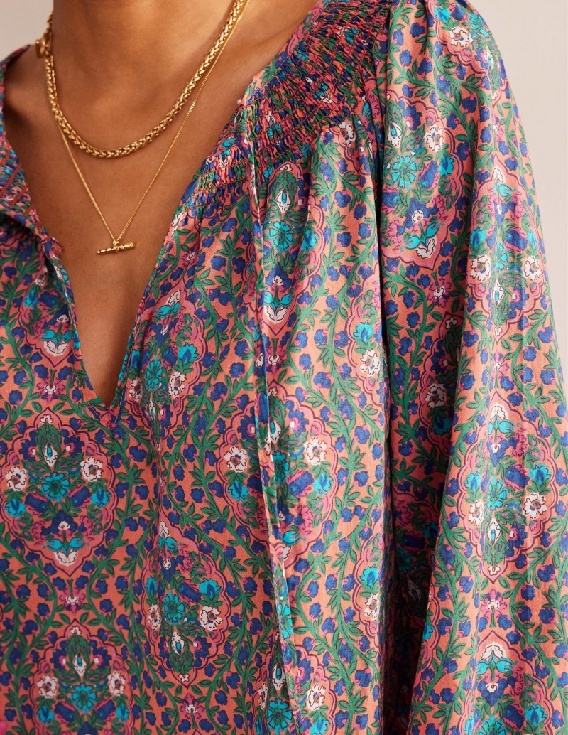 Boden Smocked Neck Beach Kaftan Kleid Damen Mehrfarbig | HOLSJ-1903