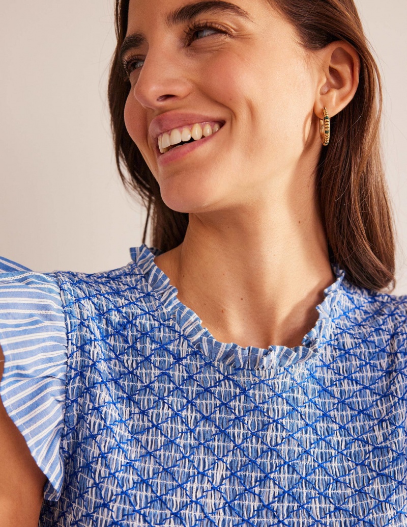 Boden Smocked Stripe Midi Kleid Damen Blau | SYBTW-1980