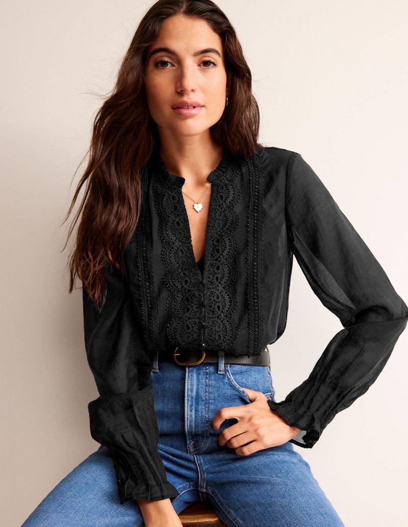 Boden Spitze-Trim Frill Oberteile Damen Schwarz | TKGRY-1394