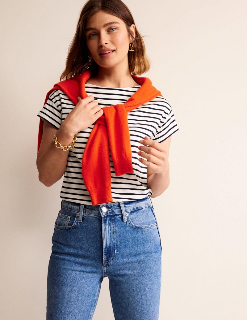 Boden Supersoft Boots Neck T shirts Damen Weiß Navy | ECUSD-4371