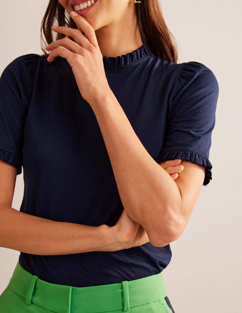 Boden Supersoft Frill Detail T shirts Damen Navy | RAQEO-6354