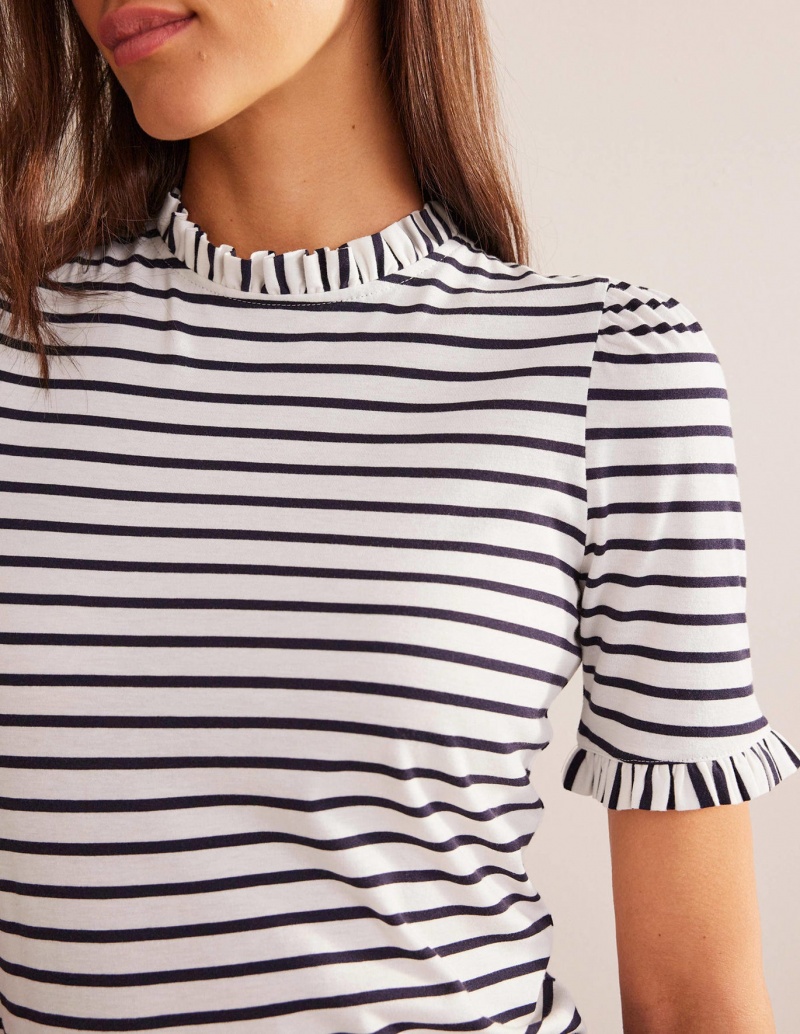 Boden Supersoft Frill Detail T shirts Damen Weiß Navy | VXIUG-7038