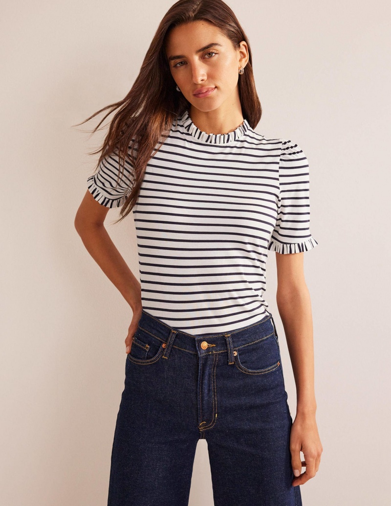 Boden Supersoft Frill Detail T shirts Damen Weiß Navy | VXIUG-7038