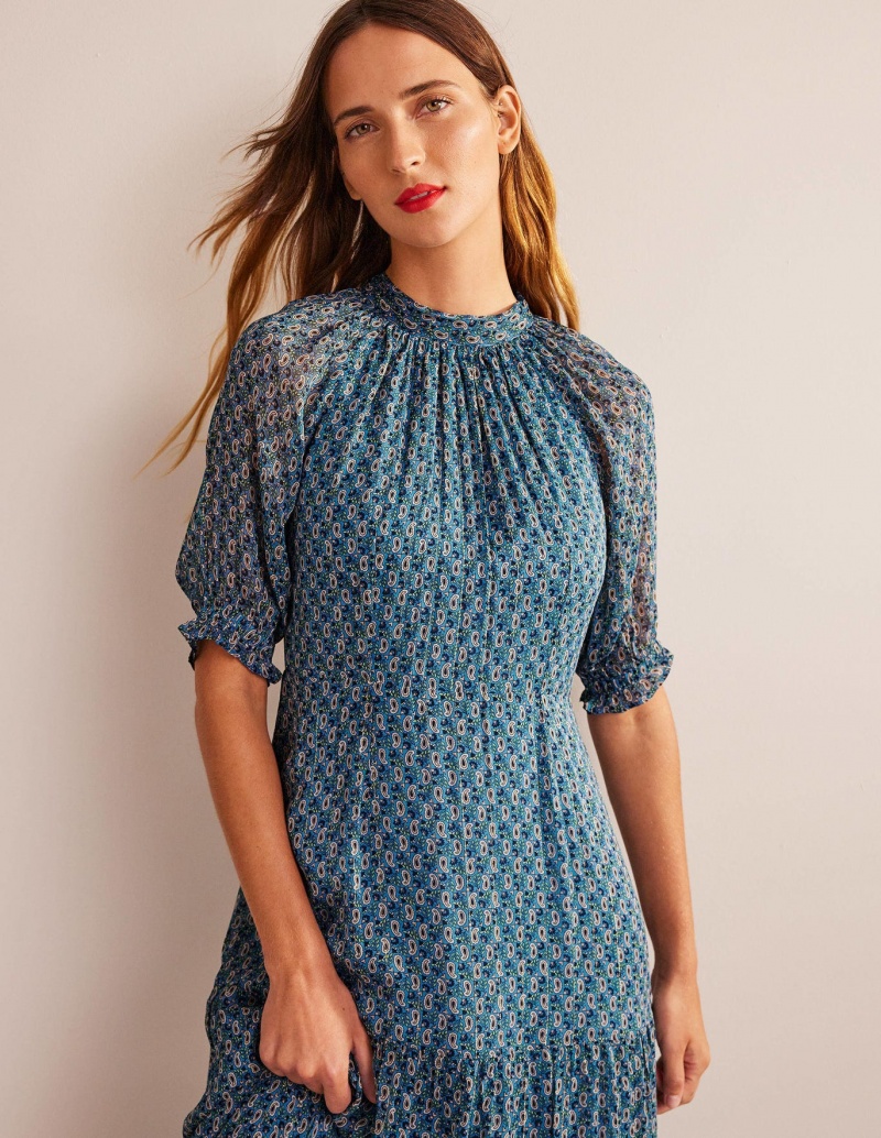 Boden Tie-Neck Tiered Maxi Kleid Damen Blau | NFJCY-7120