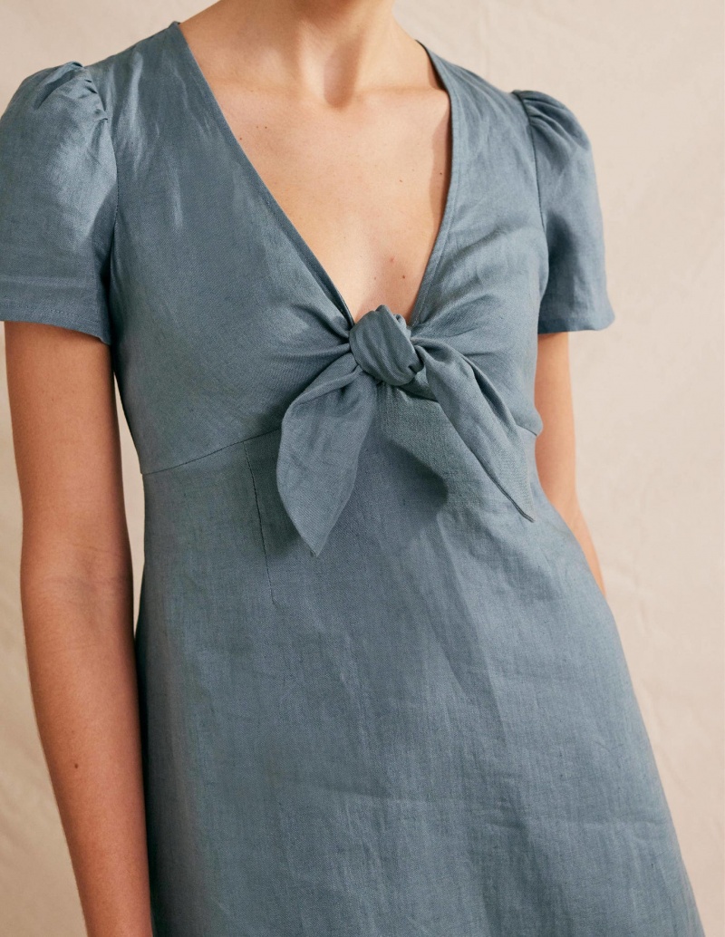 Boden Tie Front Linen Midi Kleid Damen Tiefesblau | GZAND-3690