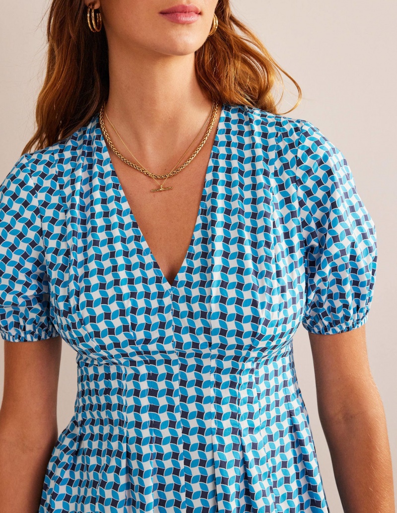 Boden V-Neck Dart Detail Kleid Damen Blau | OUAPD-4387