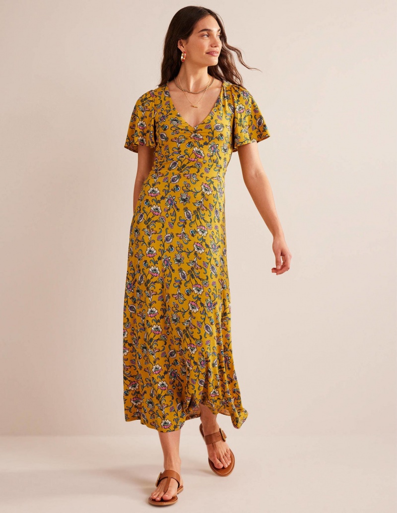 Boden V-Neck Jersey Midi Kleid Damen Senfgelb | WEGPC-9357