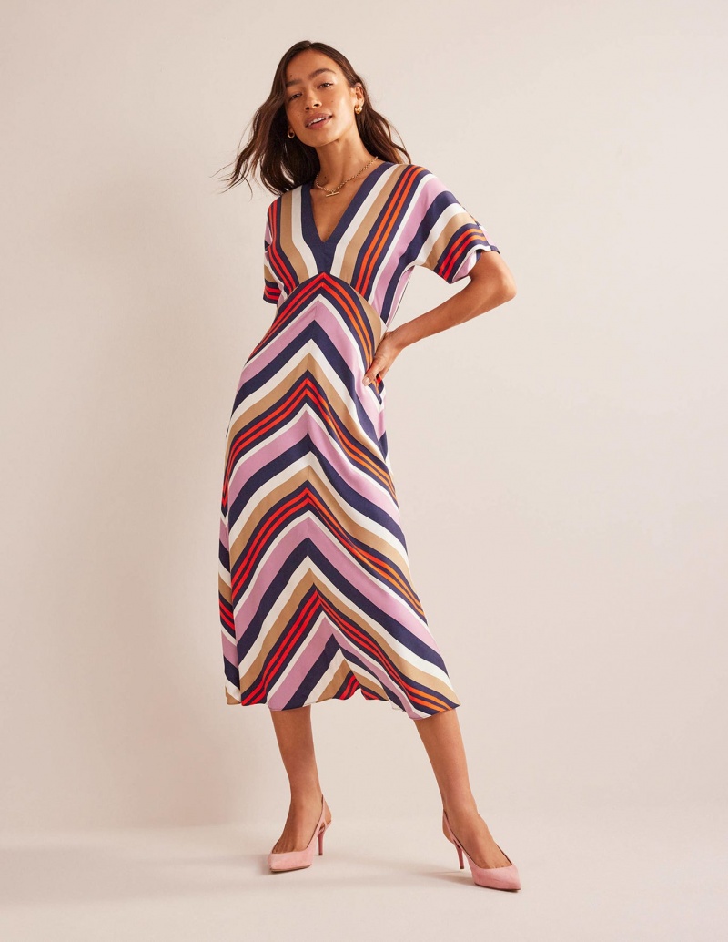 Boden V-Neck Satin Midi Kleid Damen Mehrfarbig | TNWMB-1782