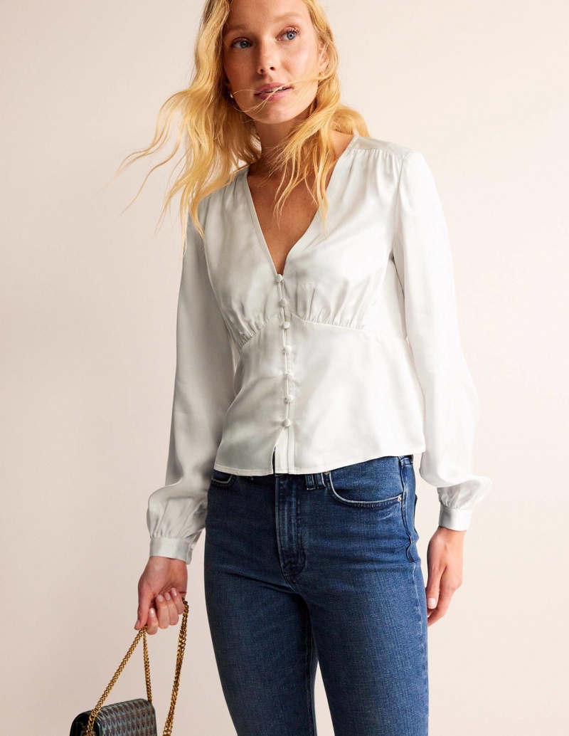 Boden V-Neck Tea Blouse Oberteile Damen Weiß | CTSZH-9187