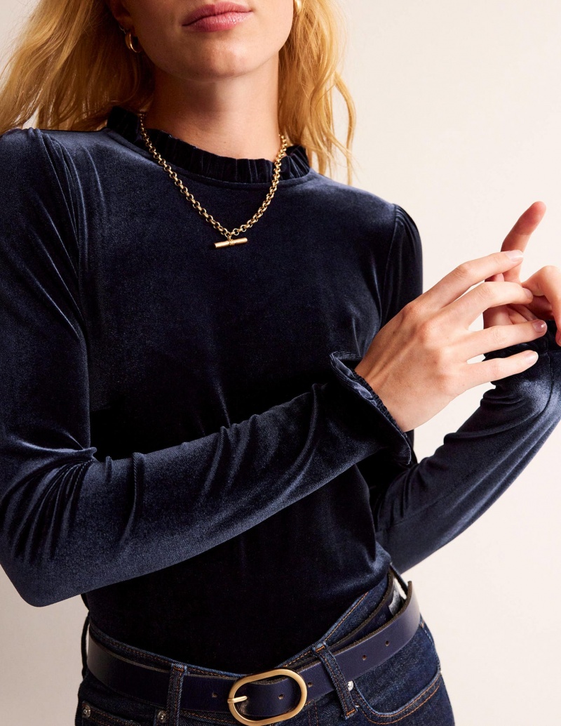 Boden Velvet Frill-Trim Oberteile Damen Navy | ABKGC-0239