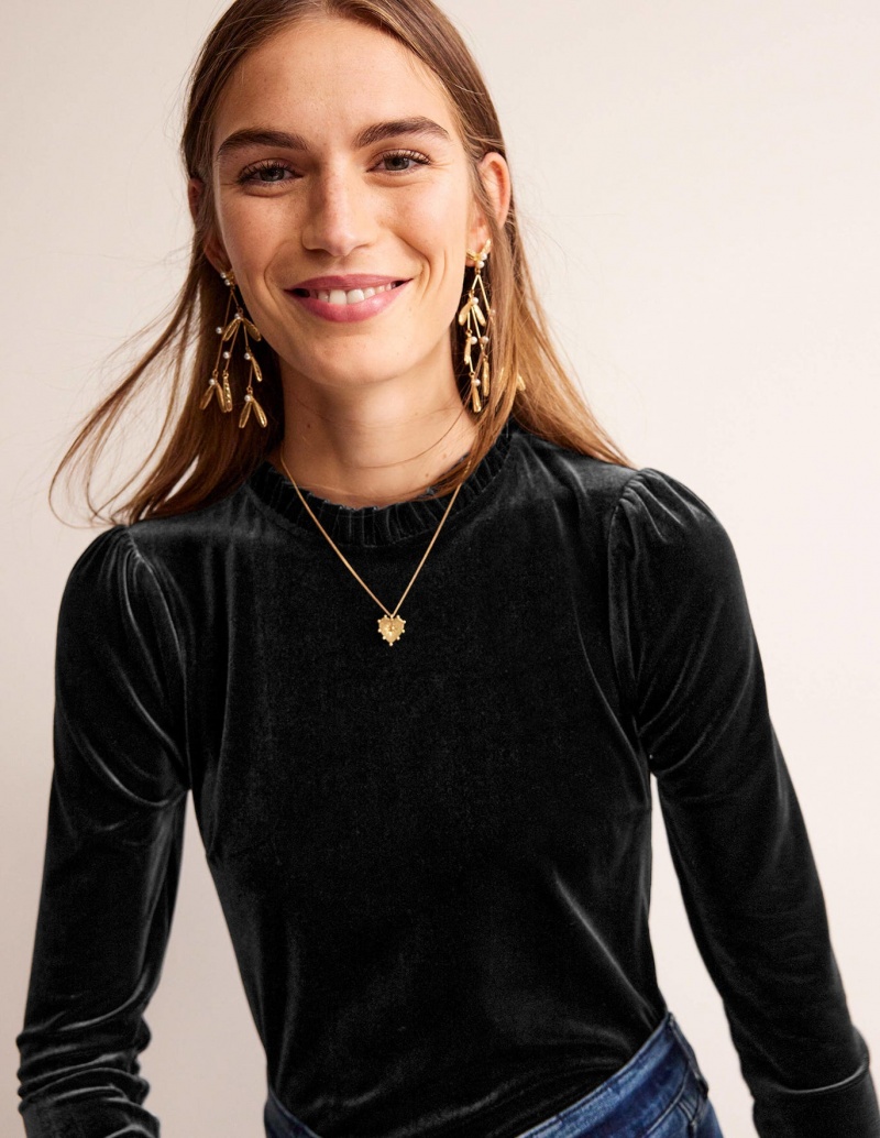 Boden Velvet Frill-Trim Oberteile Damen Schwarz | MHIZJ-9027