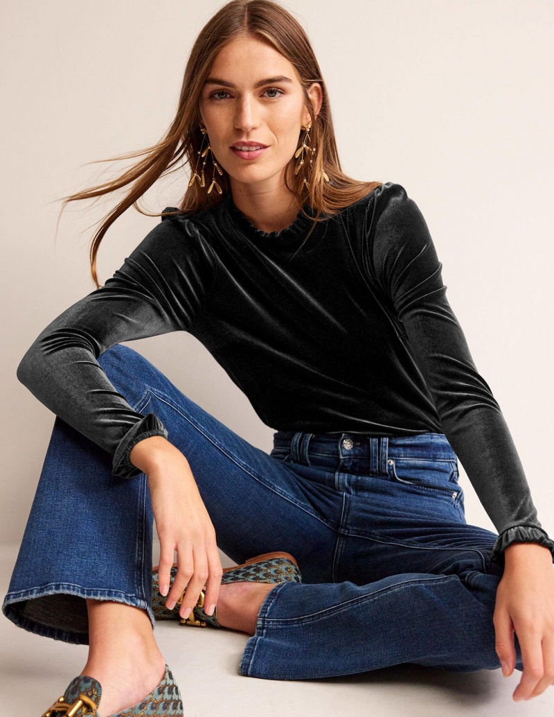 Boden Velvet Frill-Trim Oberteile Damen Schwarz | MHIZJ-9027