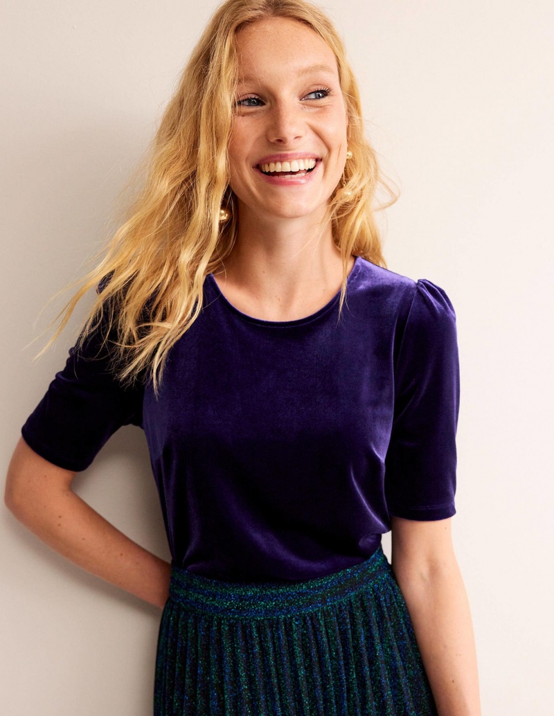 Boden Velvet Party T shirts Damen Blau | QCUJI-3691