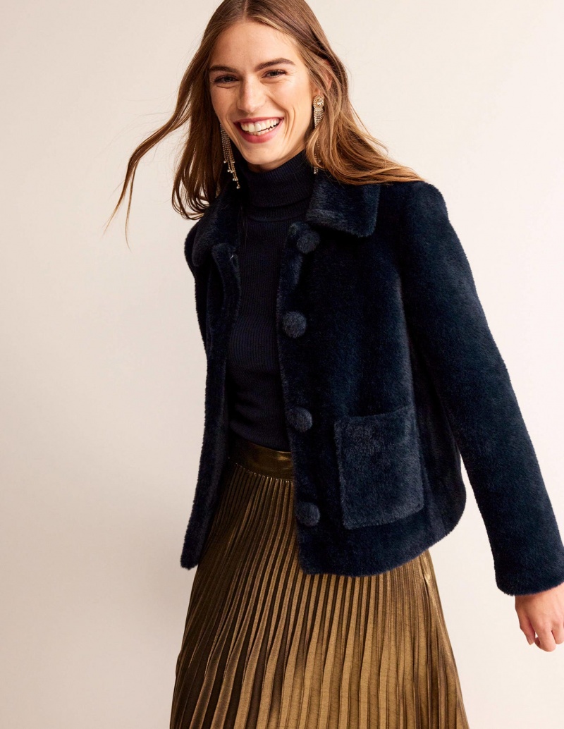 Boden York Faux-Fur Mäntel Damen Navy | XHJCU-5801